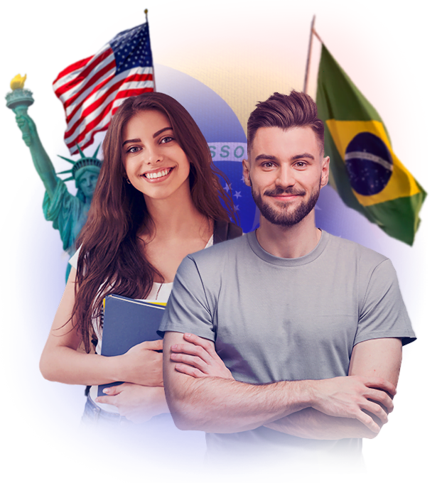 Alunos Wizard com a bandeira do Brasil e Estados Unidos ao fundo Alunos Wizard com a bandeira do Brasil e Estados Unidos ao fundo